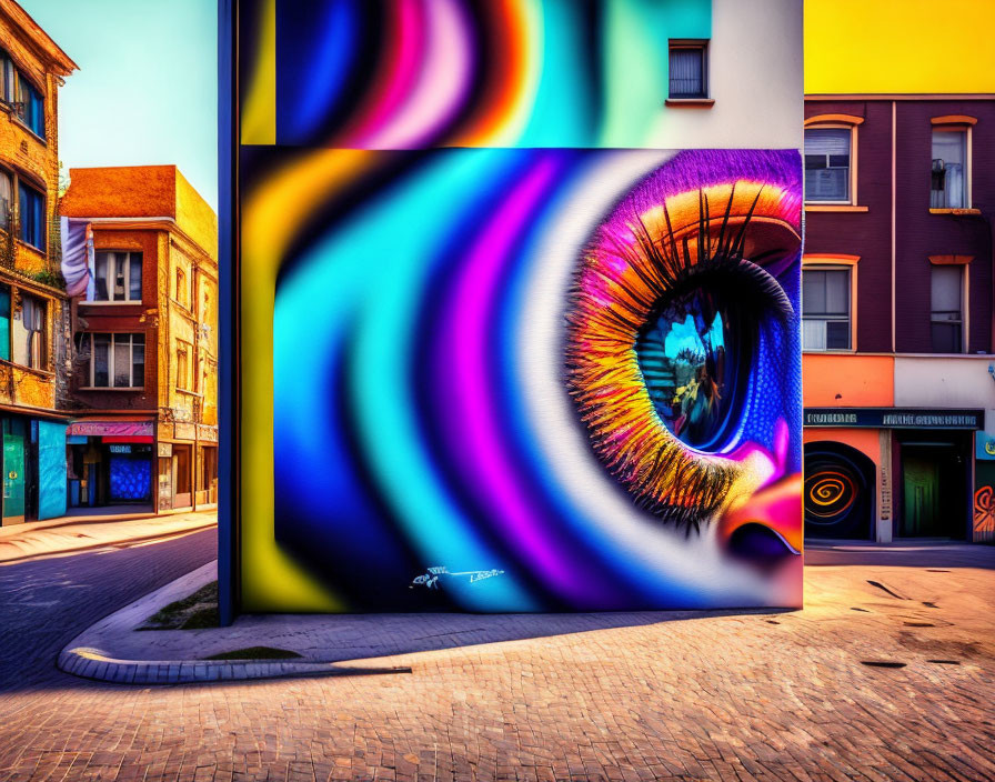 Colorful Human Eye Mural Against Urban Skyline