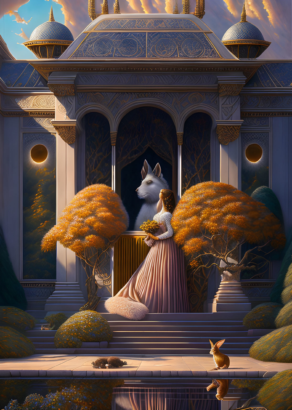 Regal llama in dress on ornate balcony at twilight