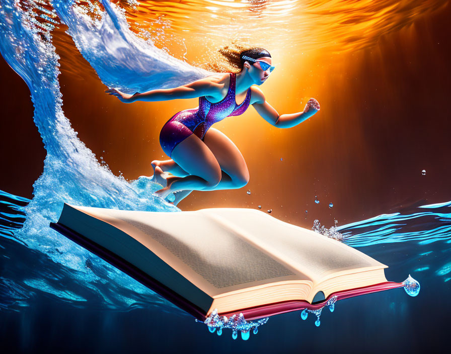 Swimmer diving into water from open book with colorful background