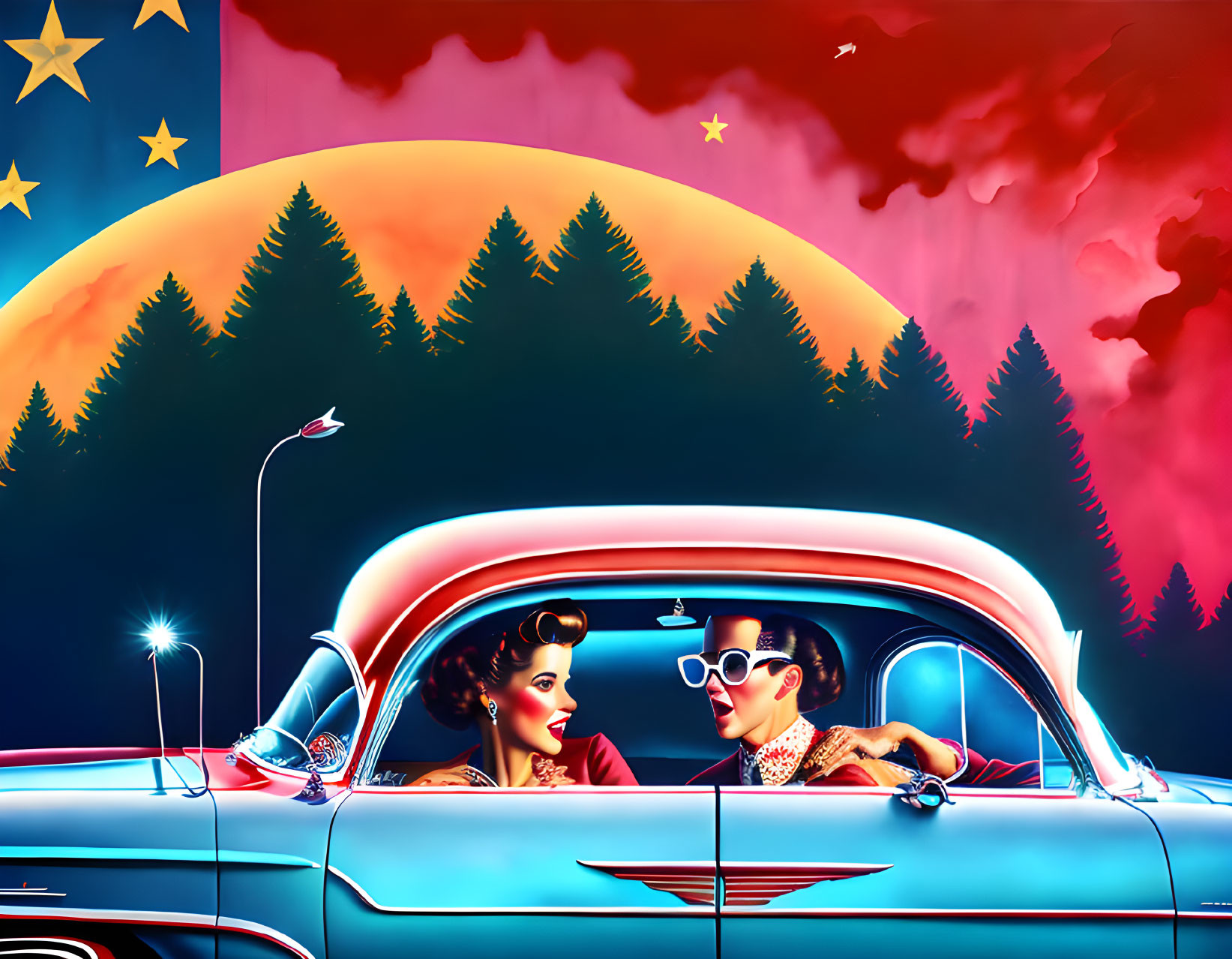 Vintage Couple in Blue Car Under Surreal Pink Sky