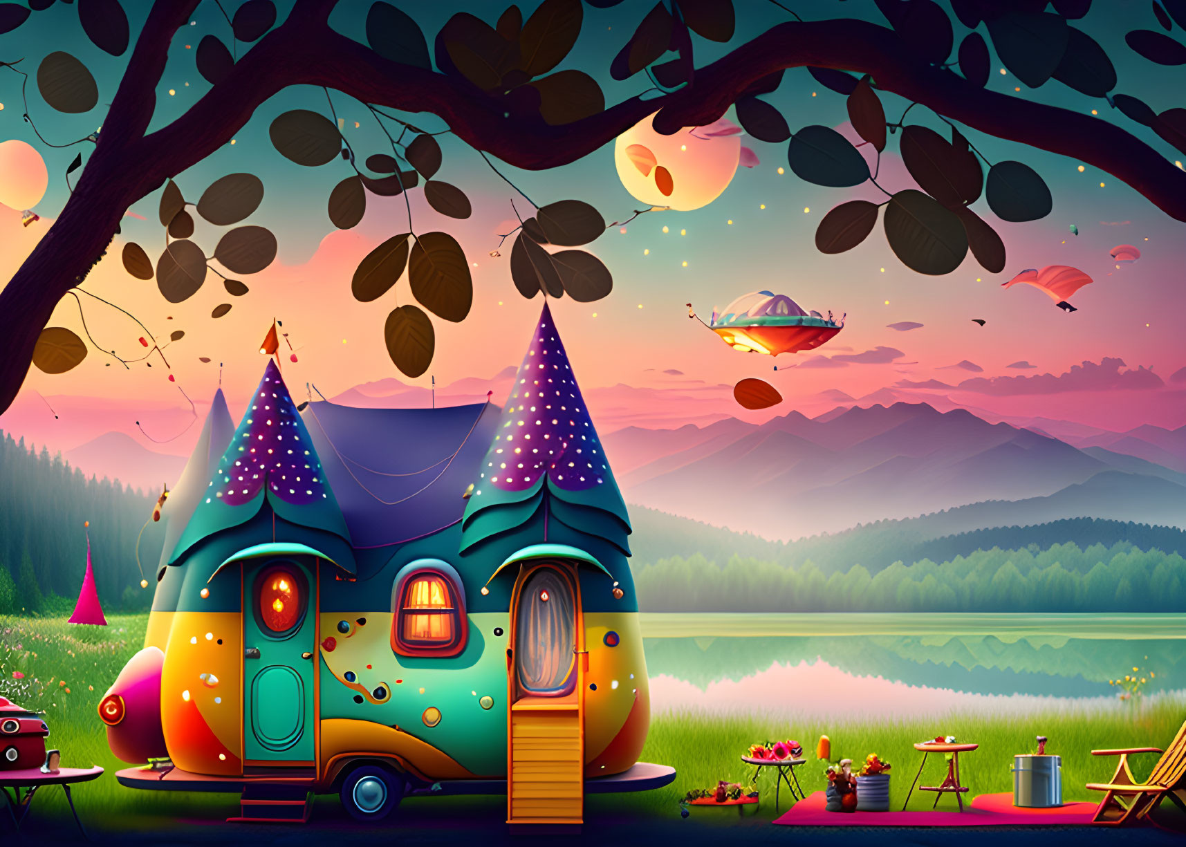 Whimsical fantasy landscape with caravan, alien ship, mountains, lake, picnic setup, sunset,