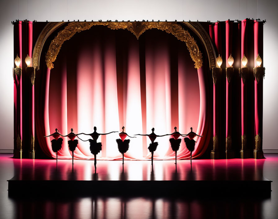 Ballet dancers on stage with red curtain and golden frame