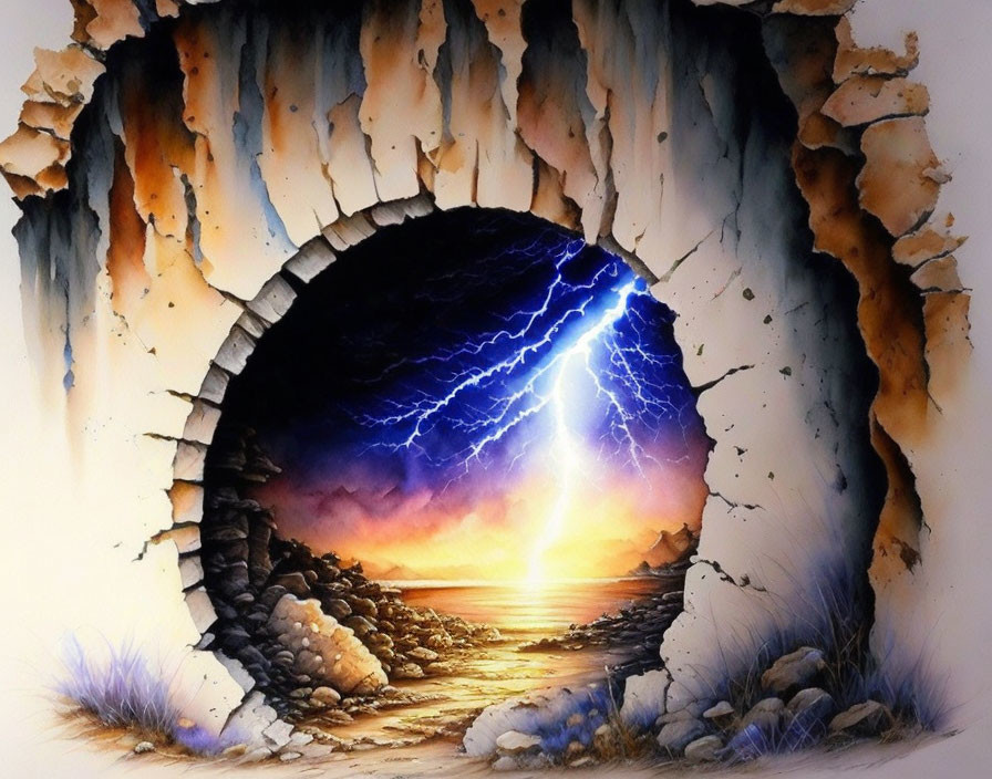 Rocky Tunnel Opening to Lightning Strike over Water at Sunset Painting