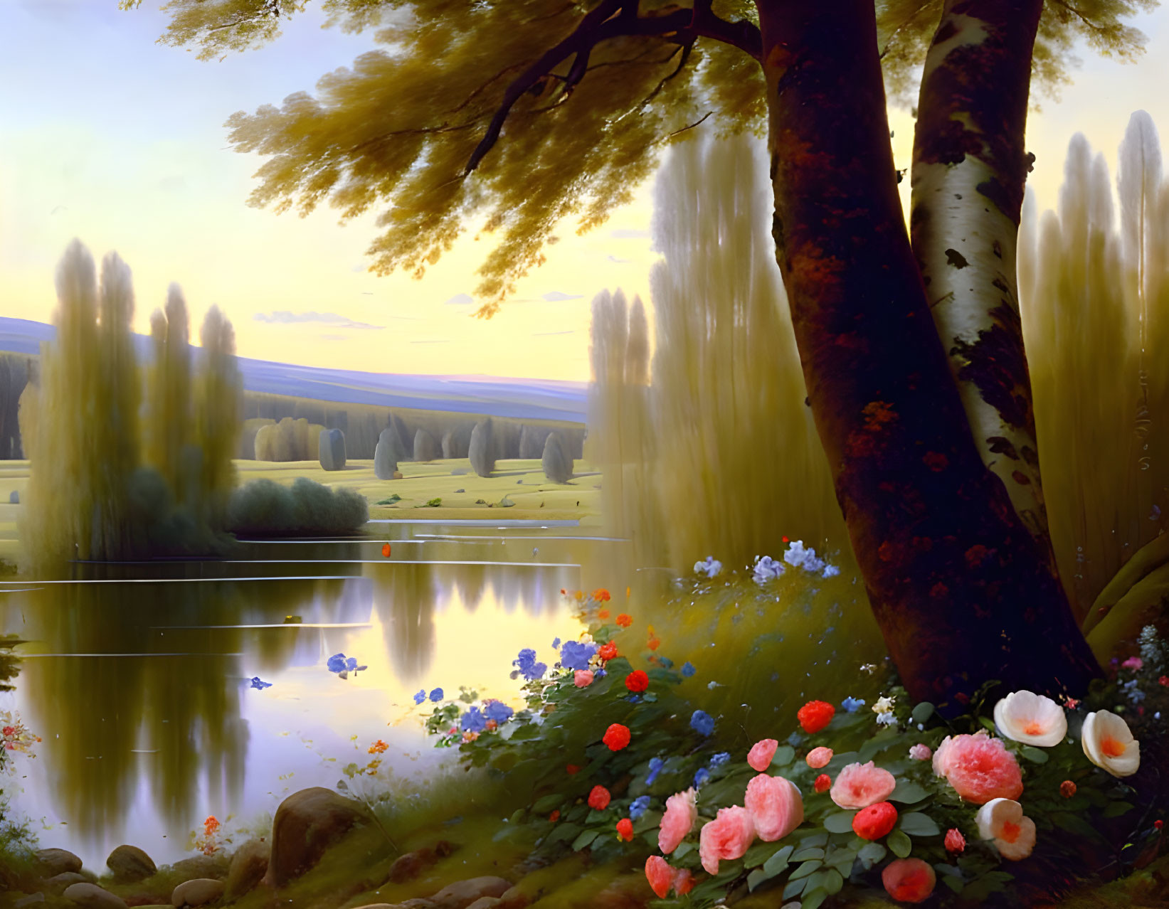 Tranquil lakeside scene with vibrant flowers, large tree, and willow trees reflecting in calm