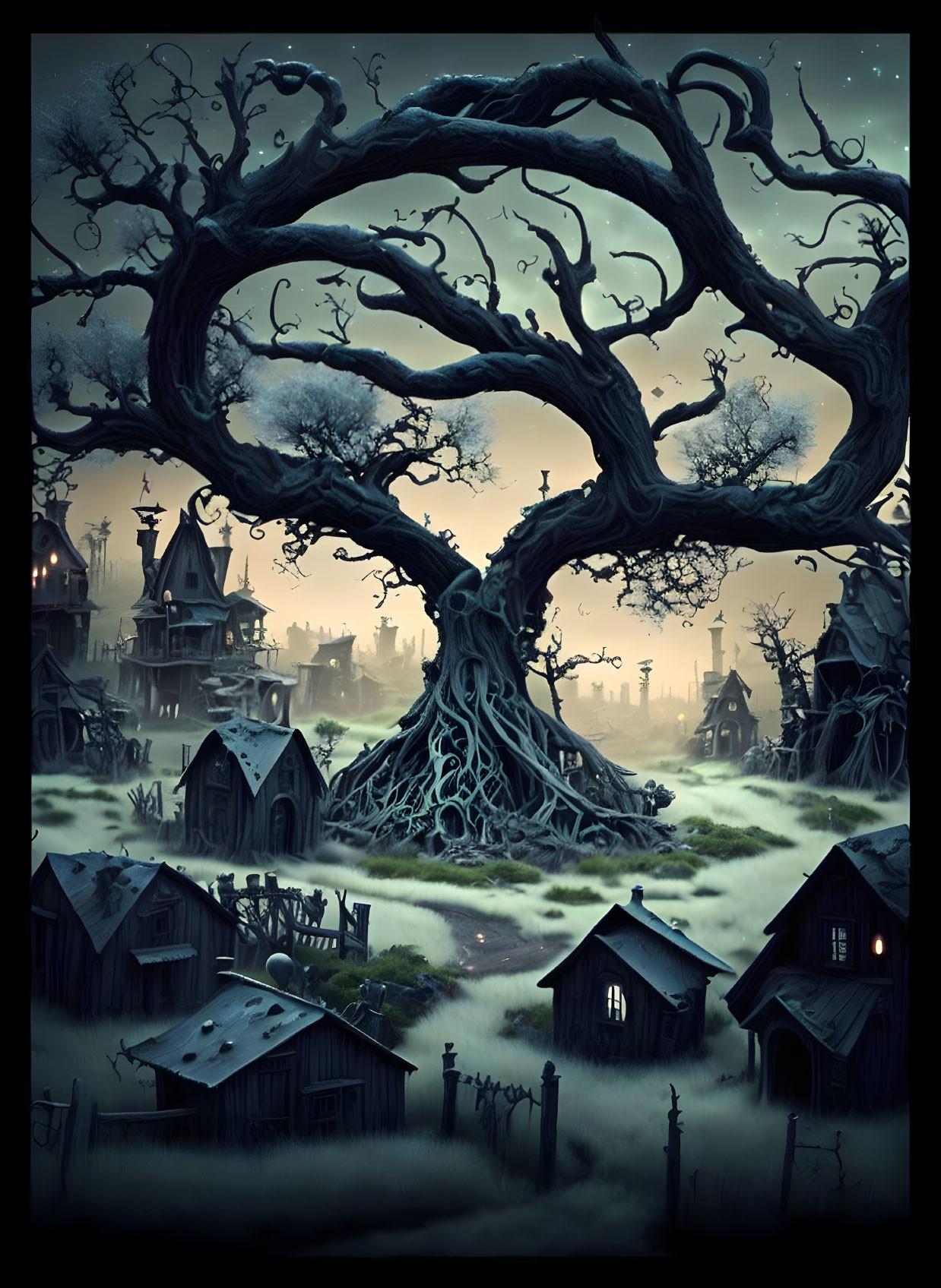 Gnarled tree in spooky twilight with haunted houses and mist