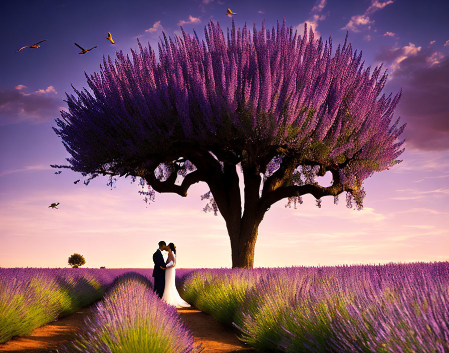 Romantic couple under purple tree at sunset in lavender field