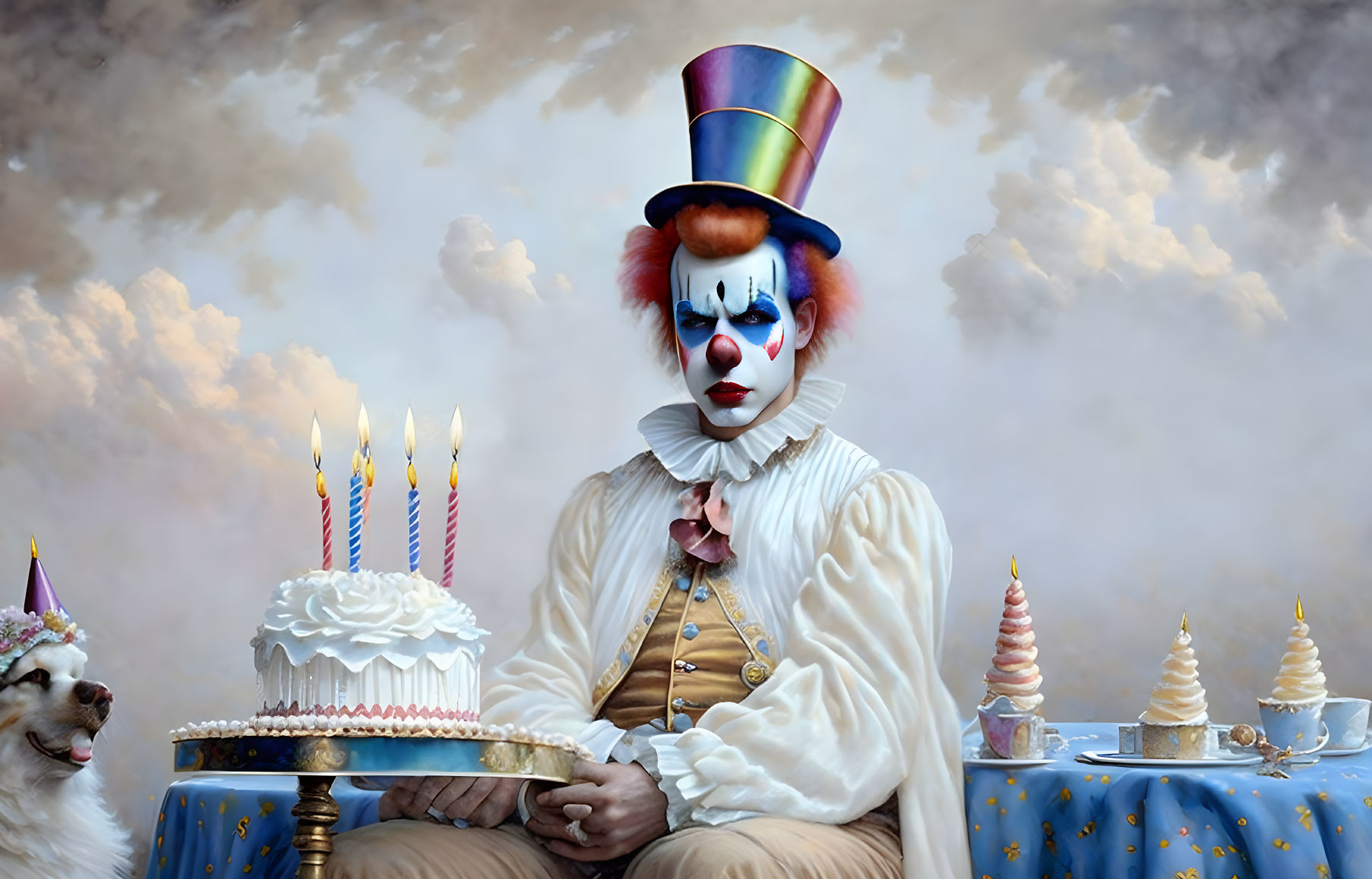 Melancholic clown with birthday cake and dog in party hat on cloudy sky backdrop