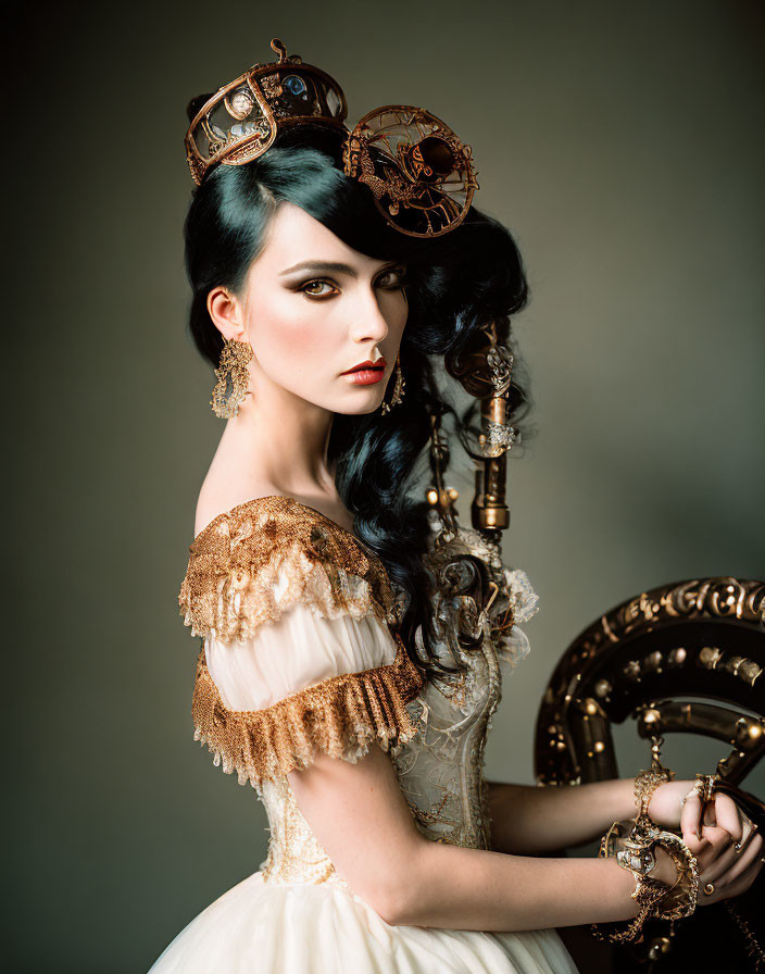 Steampunk-themed woman with crown and monocle in vintage sci-fi attire