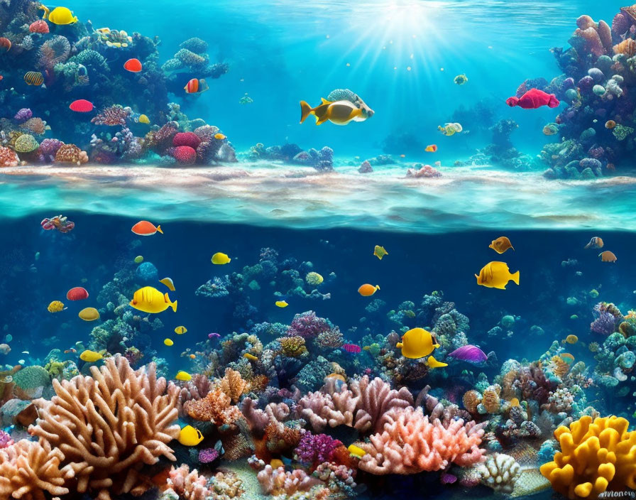 Colorful Coral Reef and Tropical Fish in Sunlit Underwater Scene