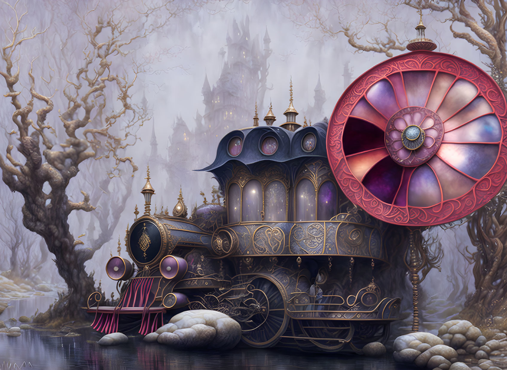 Fantasy-style ornate carriage by misty lake and castle.