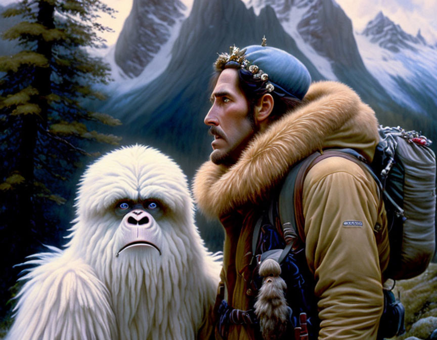 Man with crown and backpack next to furry creature with bird on hand against mountain backdrop