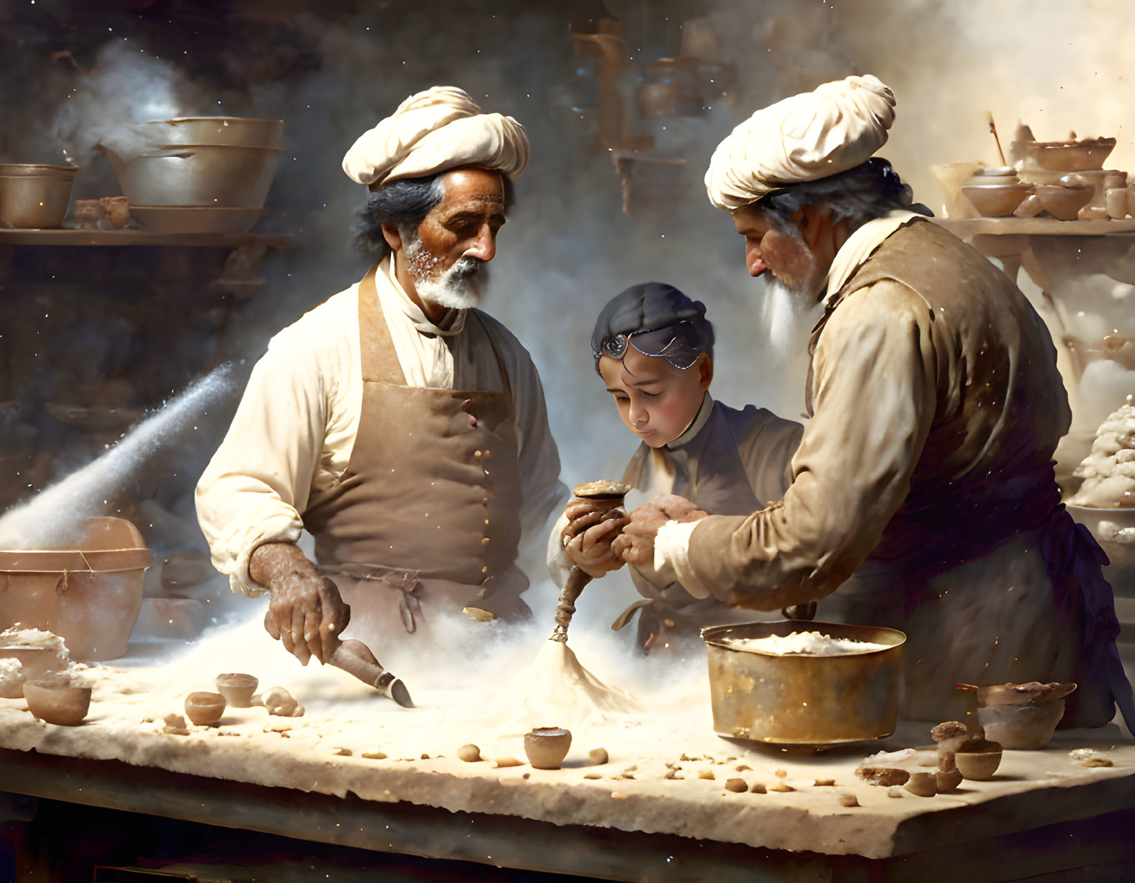 Pottery workshop scene with potters, child, and clay pots