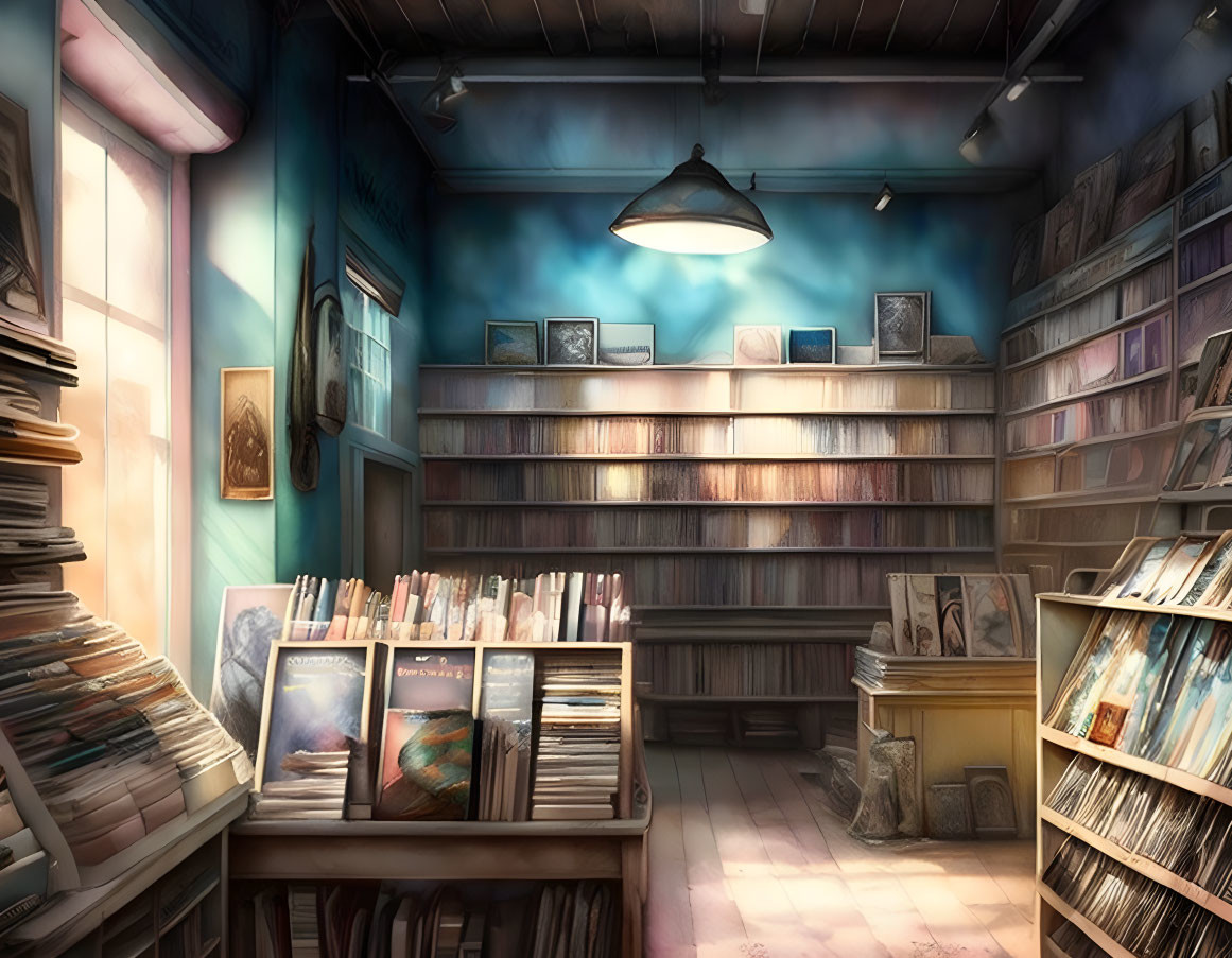 Warmly lit bookstore interior with stacked bookshelves and art prints for sale