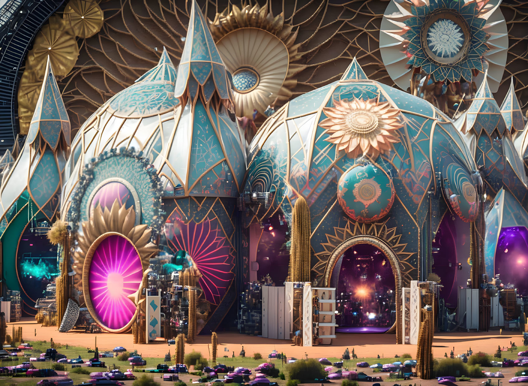 Vibrant futuristic cityscape with ornate dome-like buildings and glowing portals