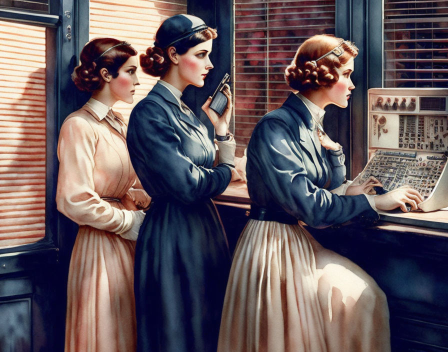 Vintage-styled women at communications center with telephone and switchboard