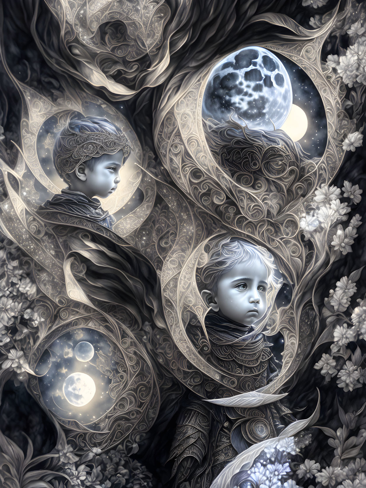 Monochrome artwork of children's faces with swirling patterns and celestial motifs