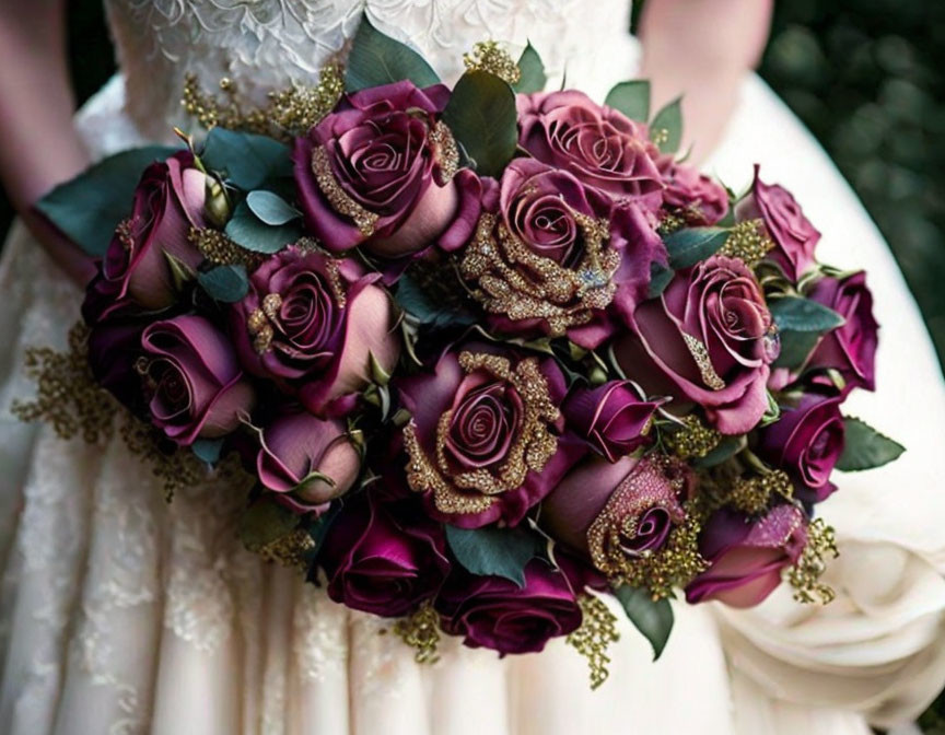 Person in White Dress Holding Bouquet of Deep Purple Roses