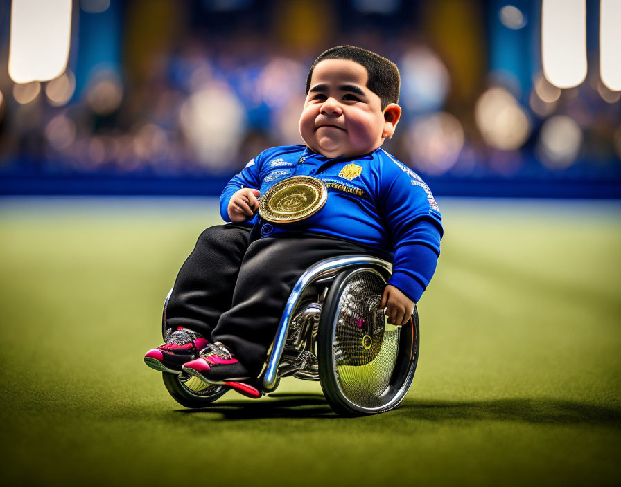 Child Cartoon Character in Wheelchair with Gold Medal and Blurred Background