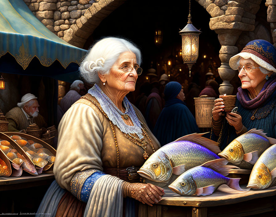 Elderly women chatting in busy marketplace with fish and bread shoppers