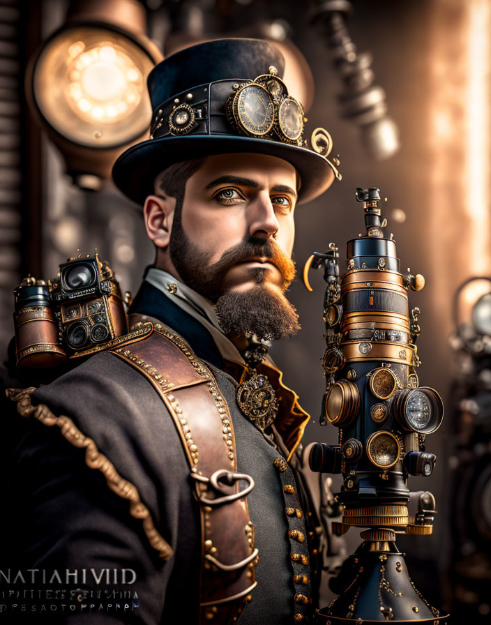 Man in Steampunk Attire with Top Hat and Gear Decorations