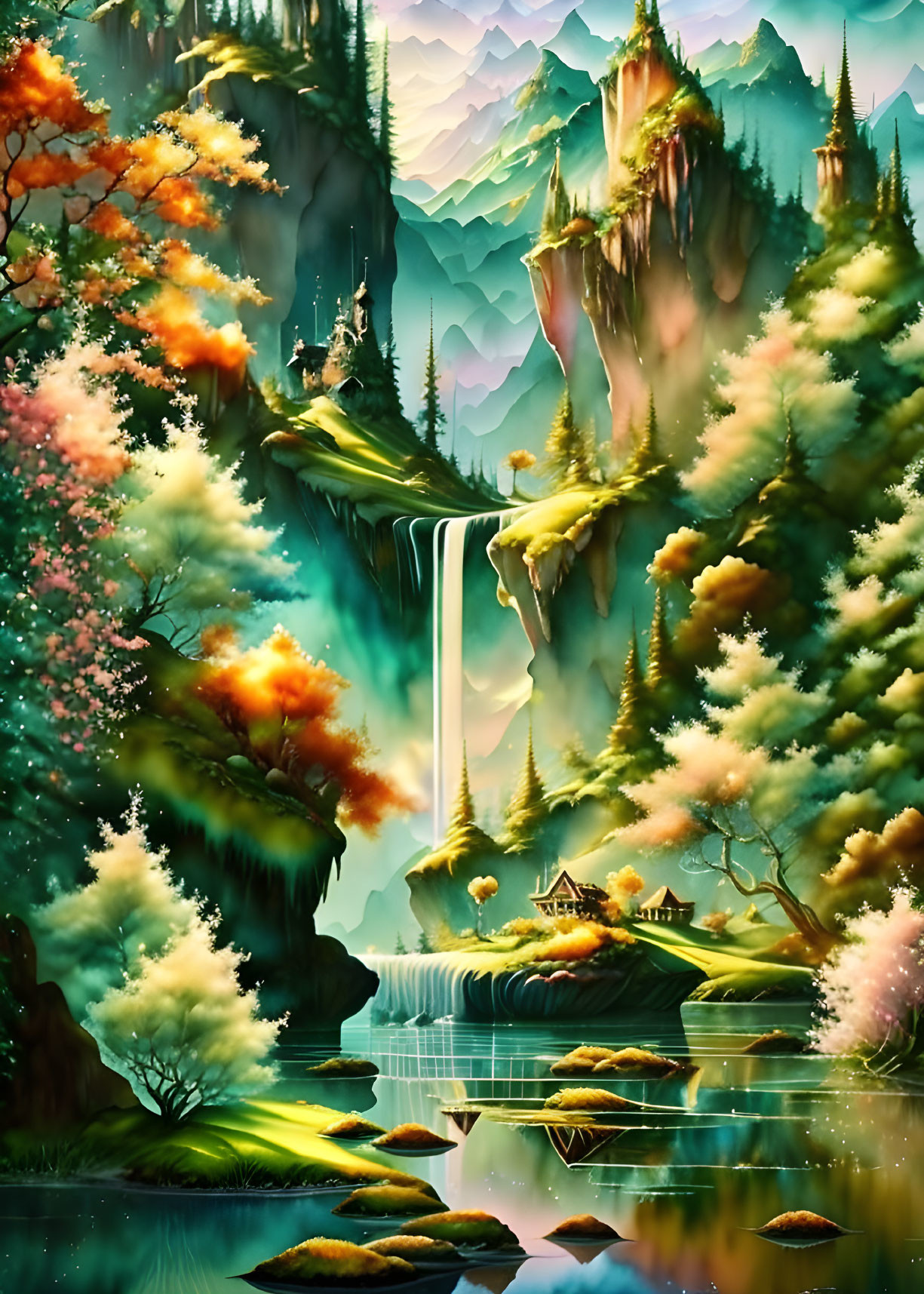 Colorful fantasy landscape with waterfall, lake, and quaint house