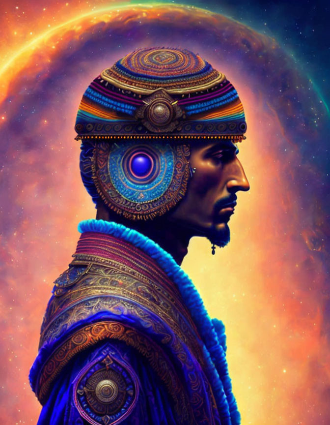 Profile of man with elaborate headwear against cosmic nebula.