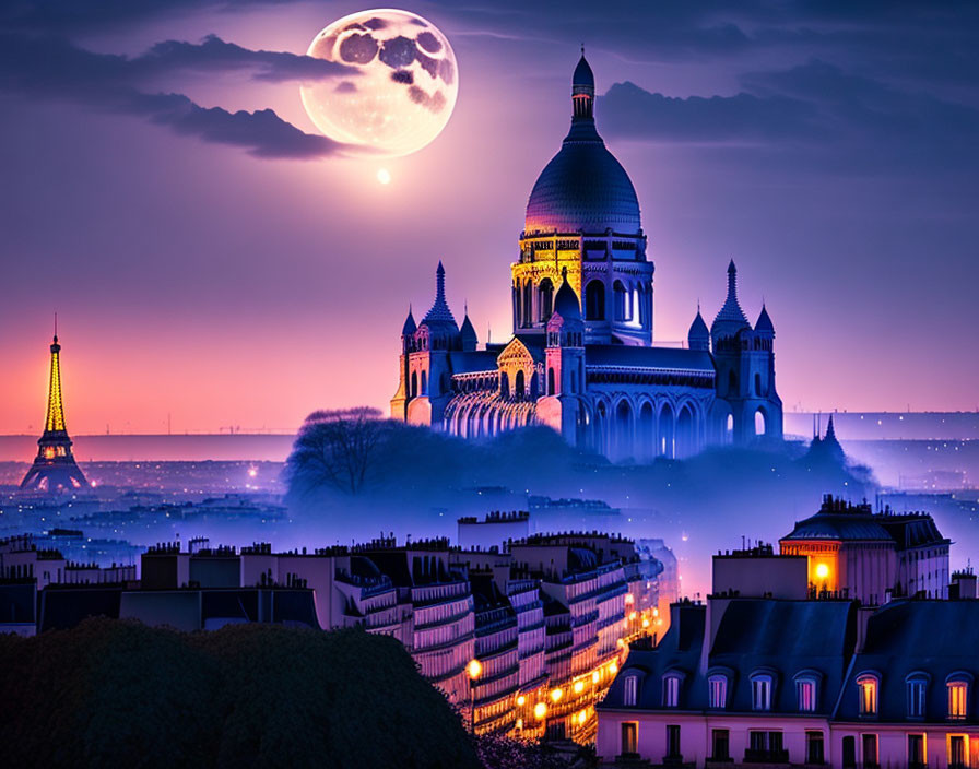 Paris Cityscape: Eiffel Tower & Sacré-Cœur Basilica in Twilight Moonlit Scene