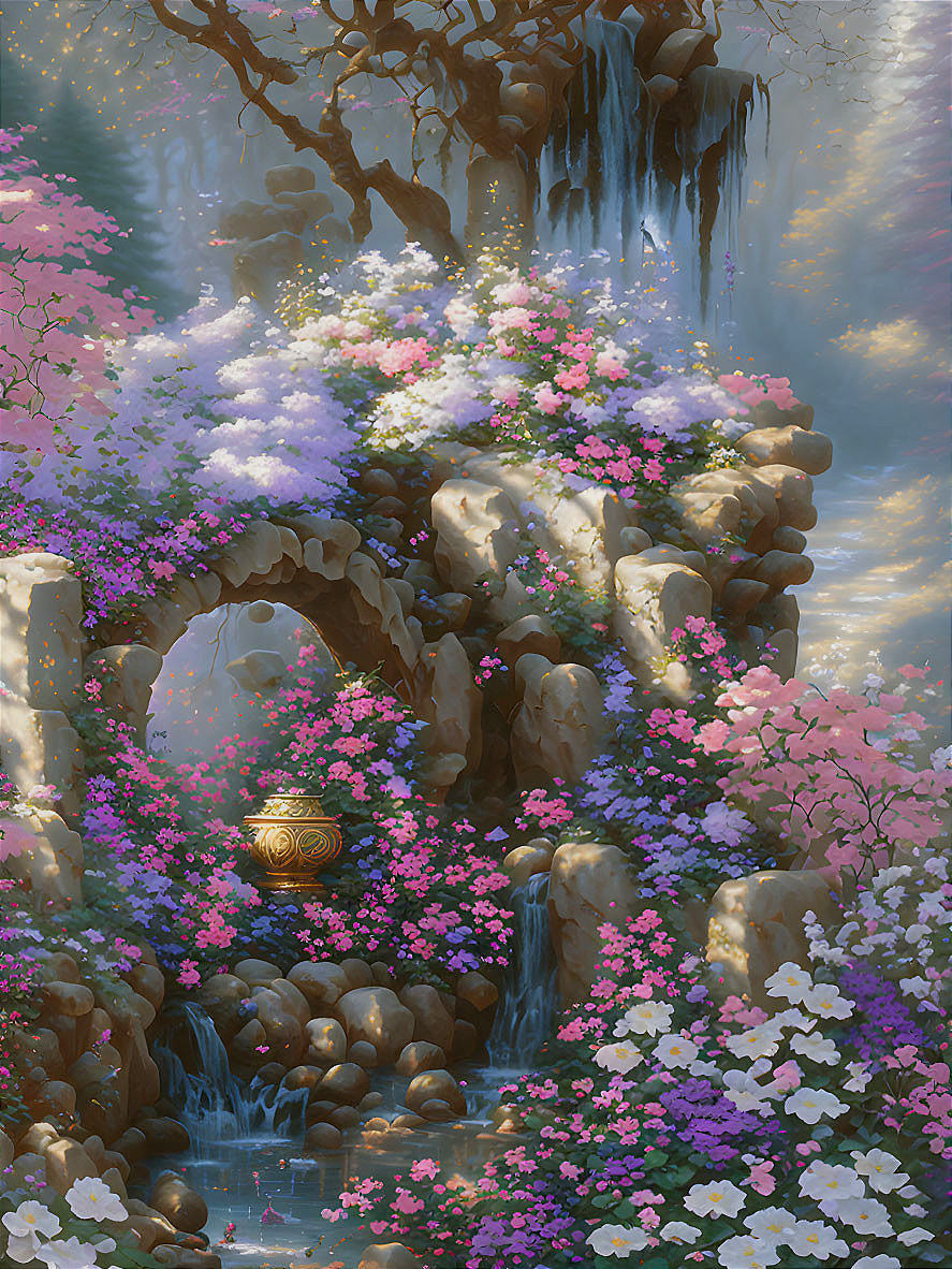 Enchanted garden with stone arch bridge, waterfalls, and mystical orb