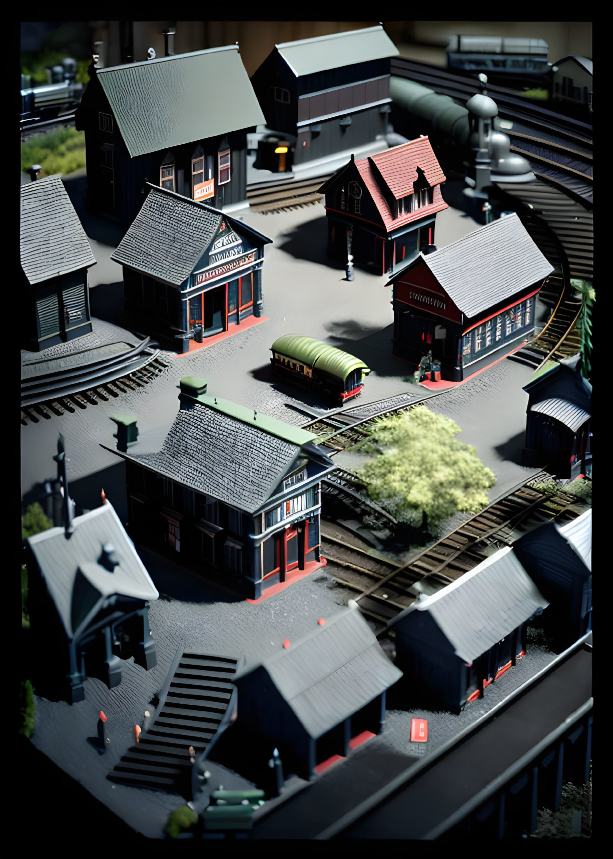 Detailed miniature train station model with tracks, buildings, and trains under dramatic lighting