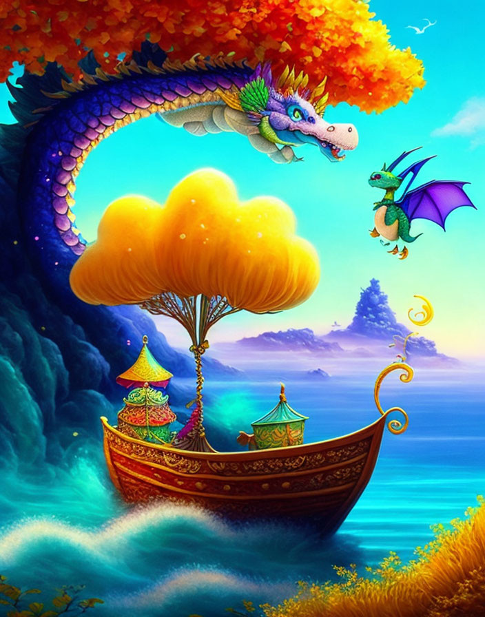 Colorful Serpentine Dragon Artwork with Boat and Canopies on Blue Sea