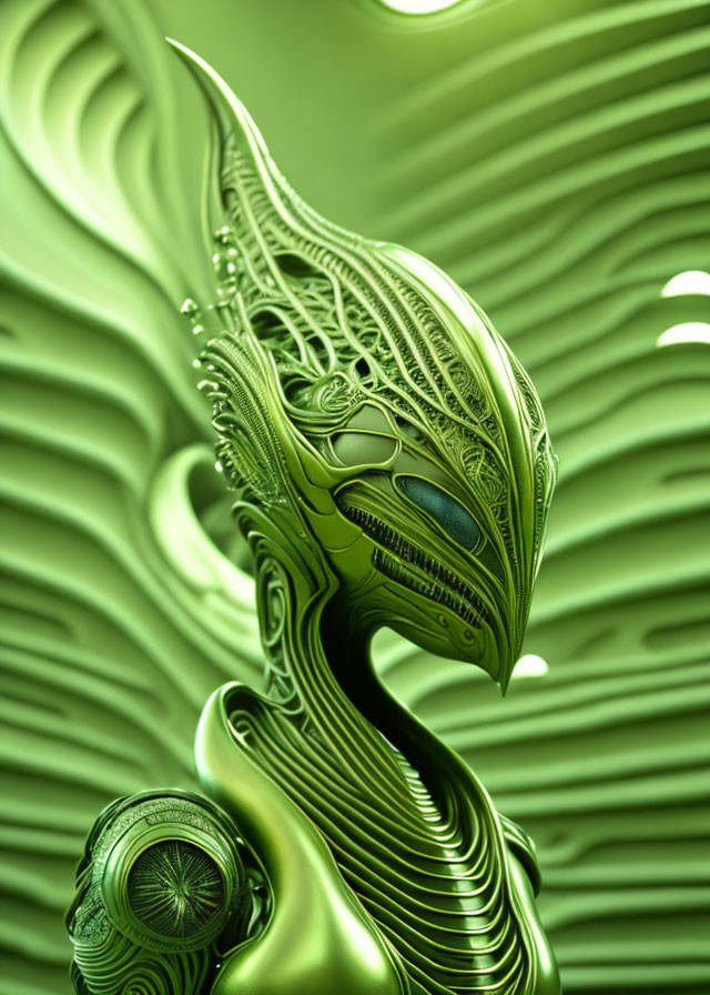 Intricate Green Fractal Art with Alien-Like Structure