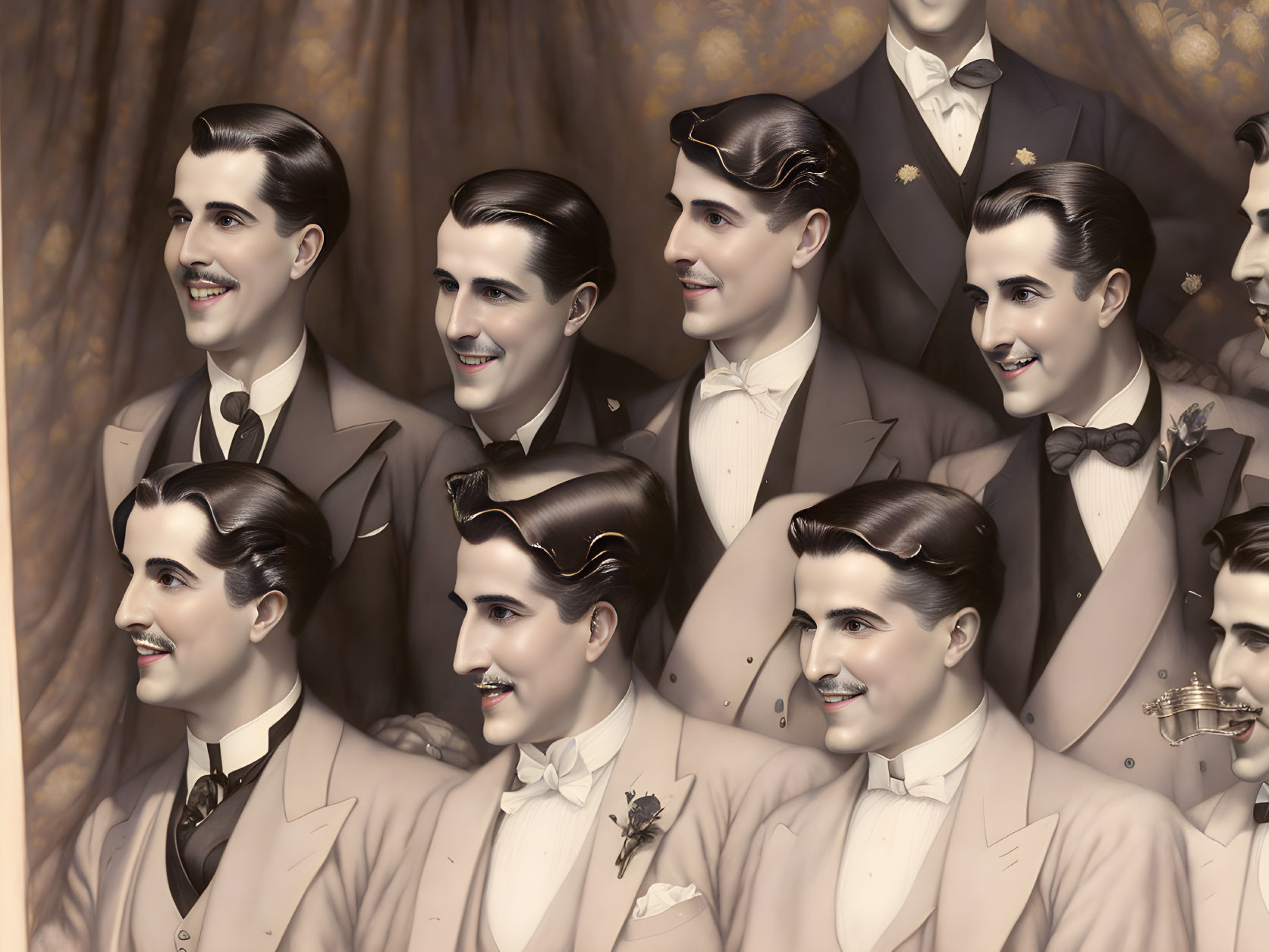 Men in formal attire with bow ties smiling in vintage illustration