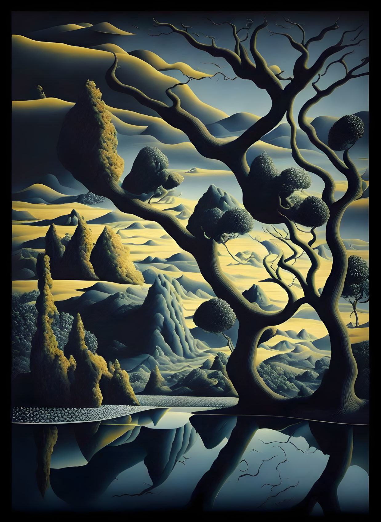 Twisted tree, undulating hills, stylized river under dusky sky