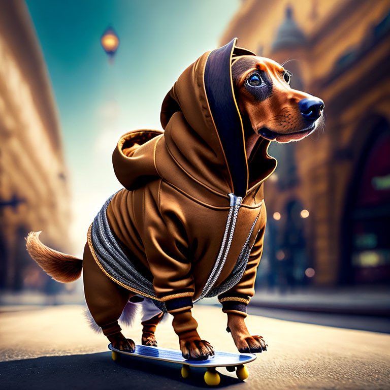 Dachshund skateboarding in stylish hoodie on city street