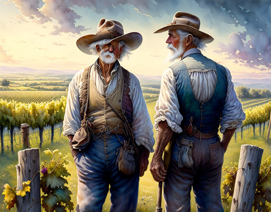 Vintage western attire men by fence overlooking vineyard and countryside.