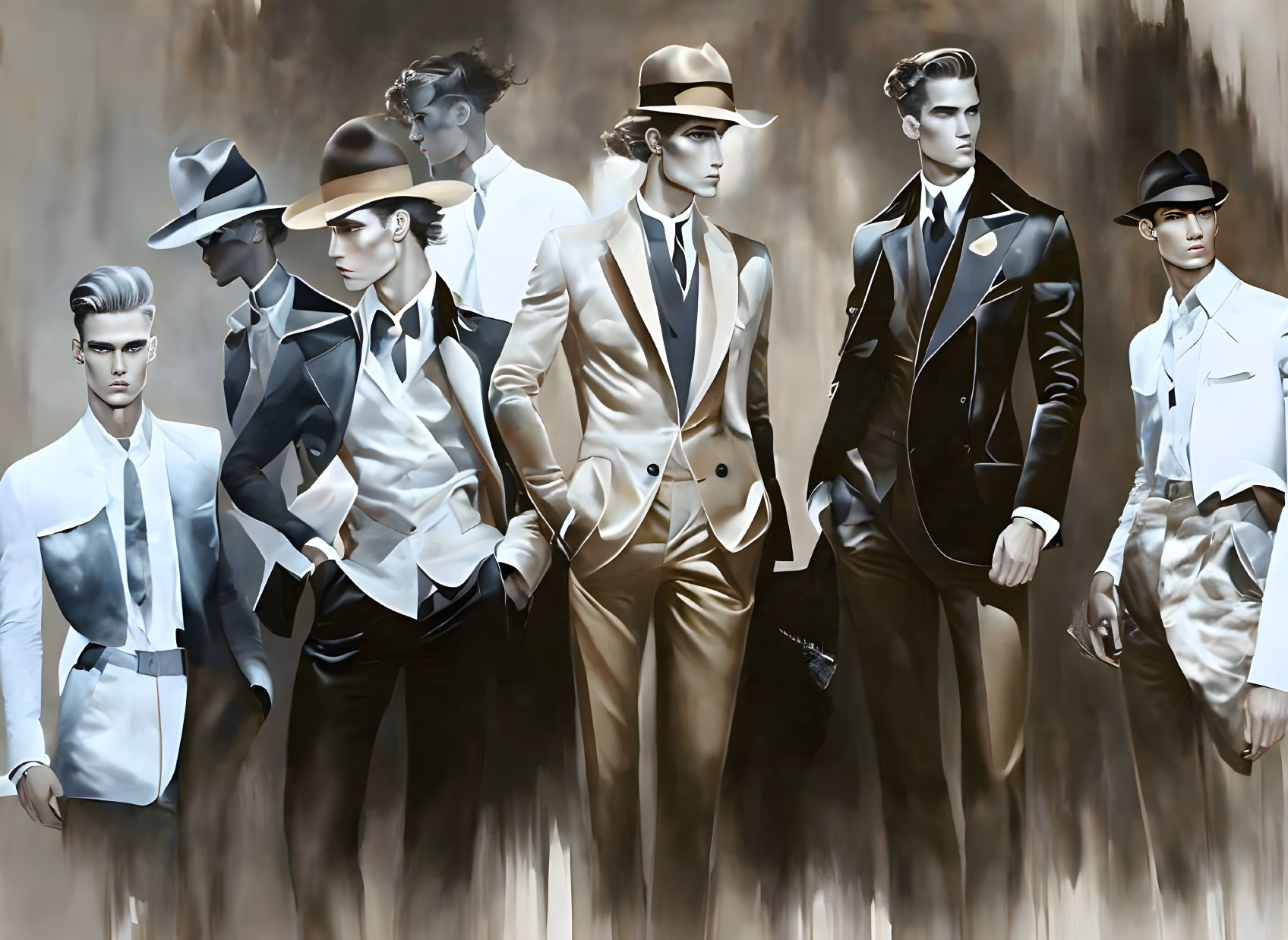 Six Men in Modern Formalwear and Hats Against Abstract Brown Background