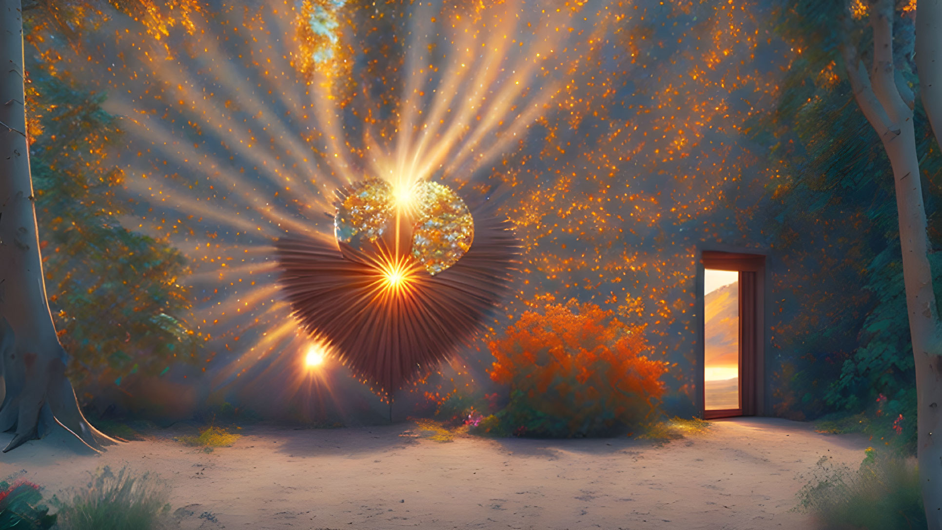 Surreal forest scene with glowing heart-shaped portal and mysterious doorway at sunrise or sunset