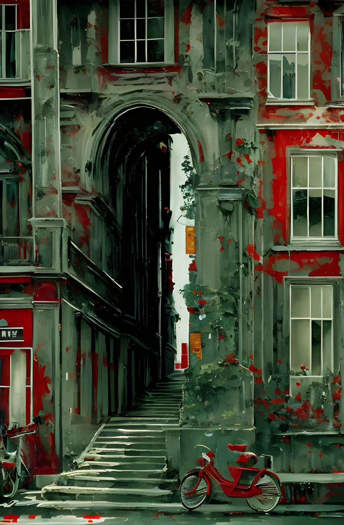 Red bicycle against weathered building with peeling paint near narrow staircase.