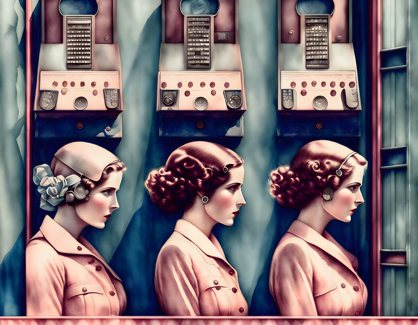 Vintage Hairstyle Women Pose by Old-Fashioned Payphones