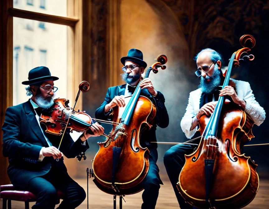 Elegant musicians in formal attire playing violins and cello in warm-lit hall