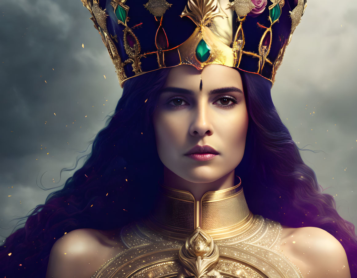 Regal woman in golden crown and armor under cloudy sky