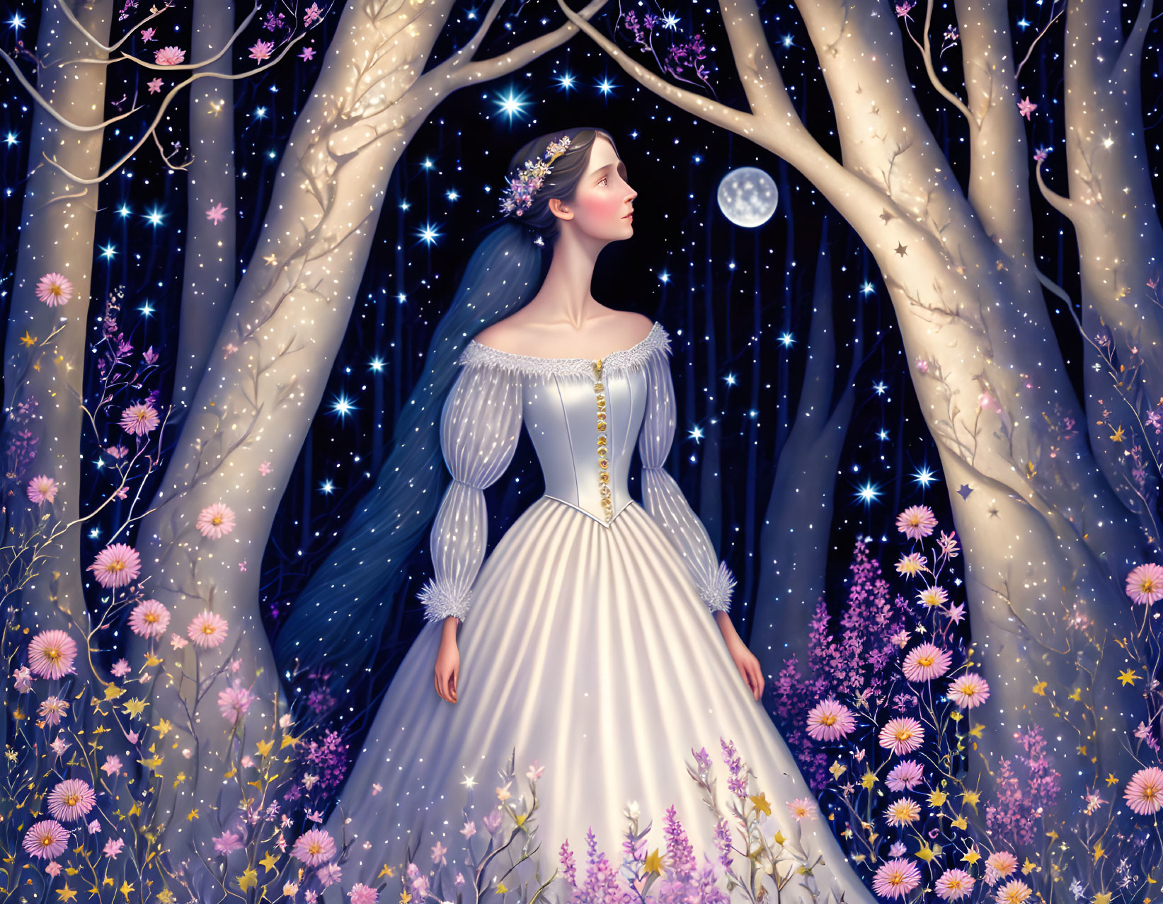 Woman in vintage white and gold dress under starry sky with glowing moon and flowers