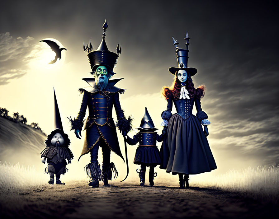 Whimsical gothic family in exaggerated costume under moody sky