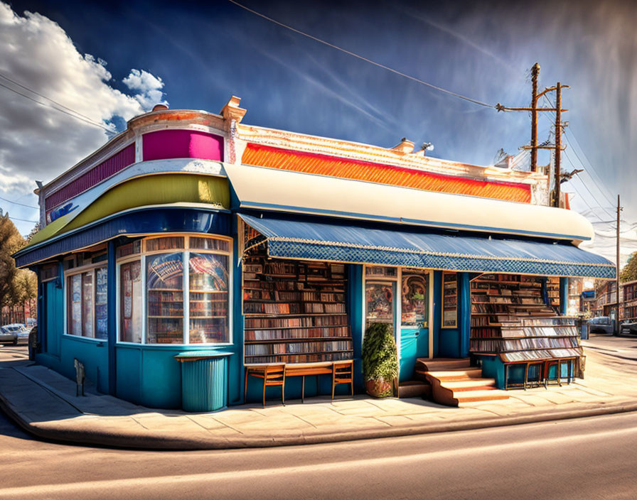 Vibrant corner bookstore with large windows and outdoor book displays