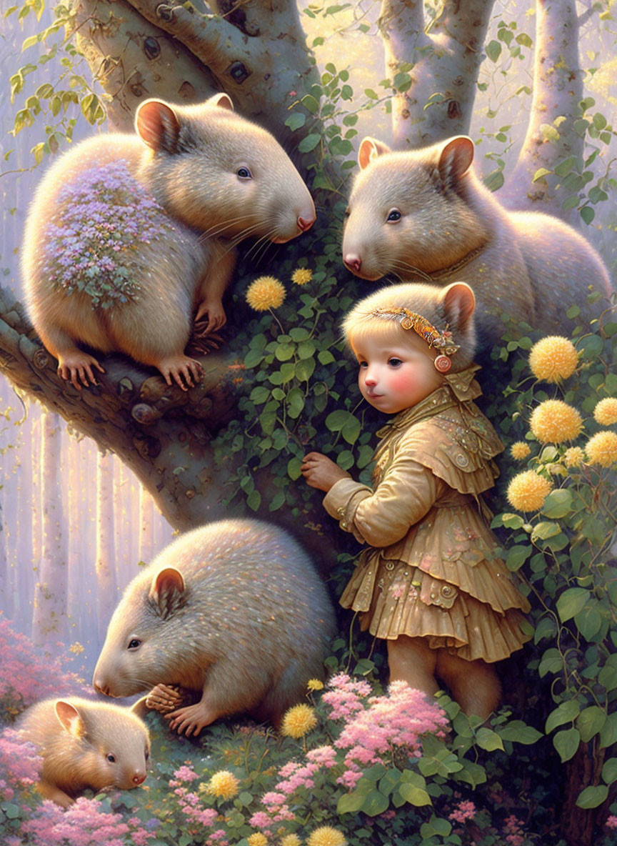 Child surrounded by gentle, oversized wombats in a flowering tree scene