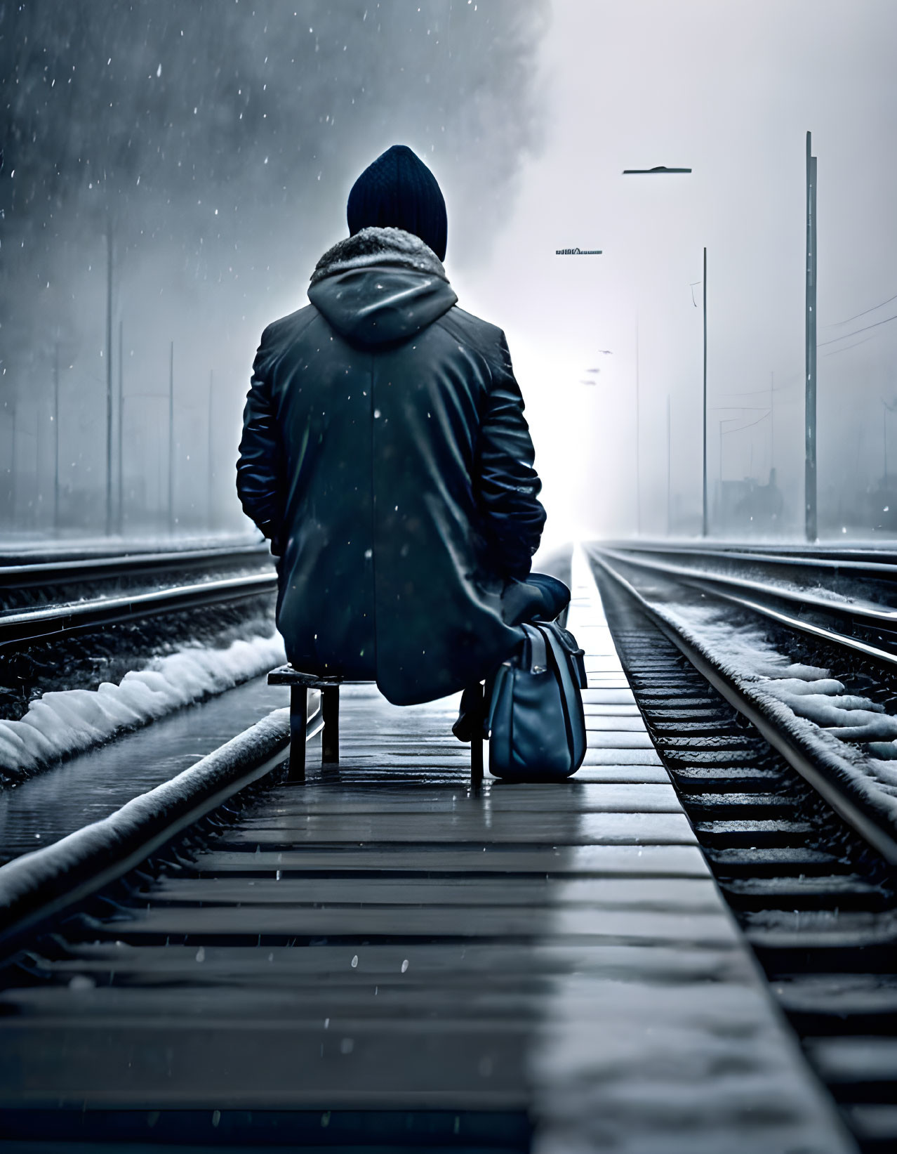 Lonely figure on snowy railway bench with approaching train lights