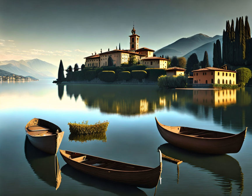 Tranquil scenery of boats on calm water near island estate at dusk or dawn