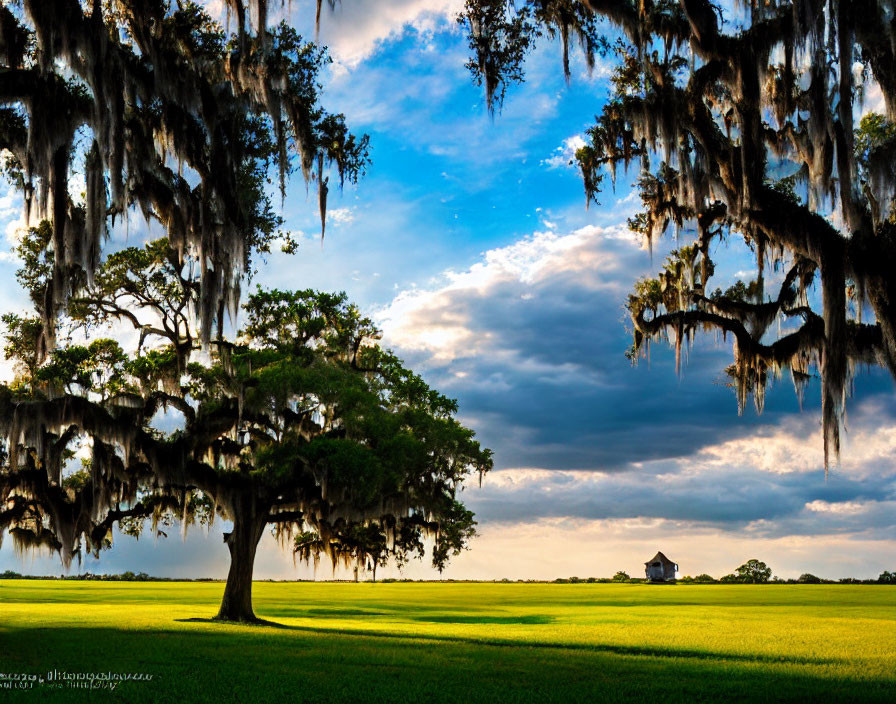 Tranquil landscape with large tree and Spanish moss under vast sky and green field