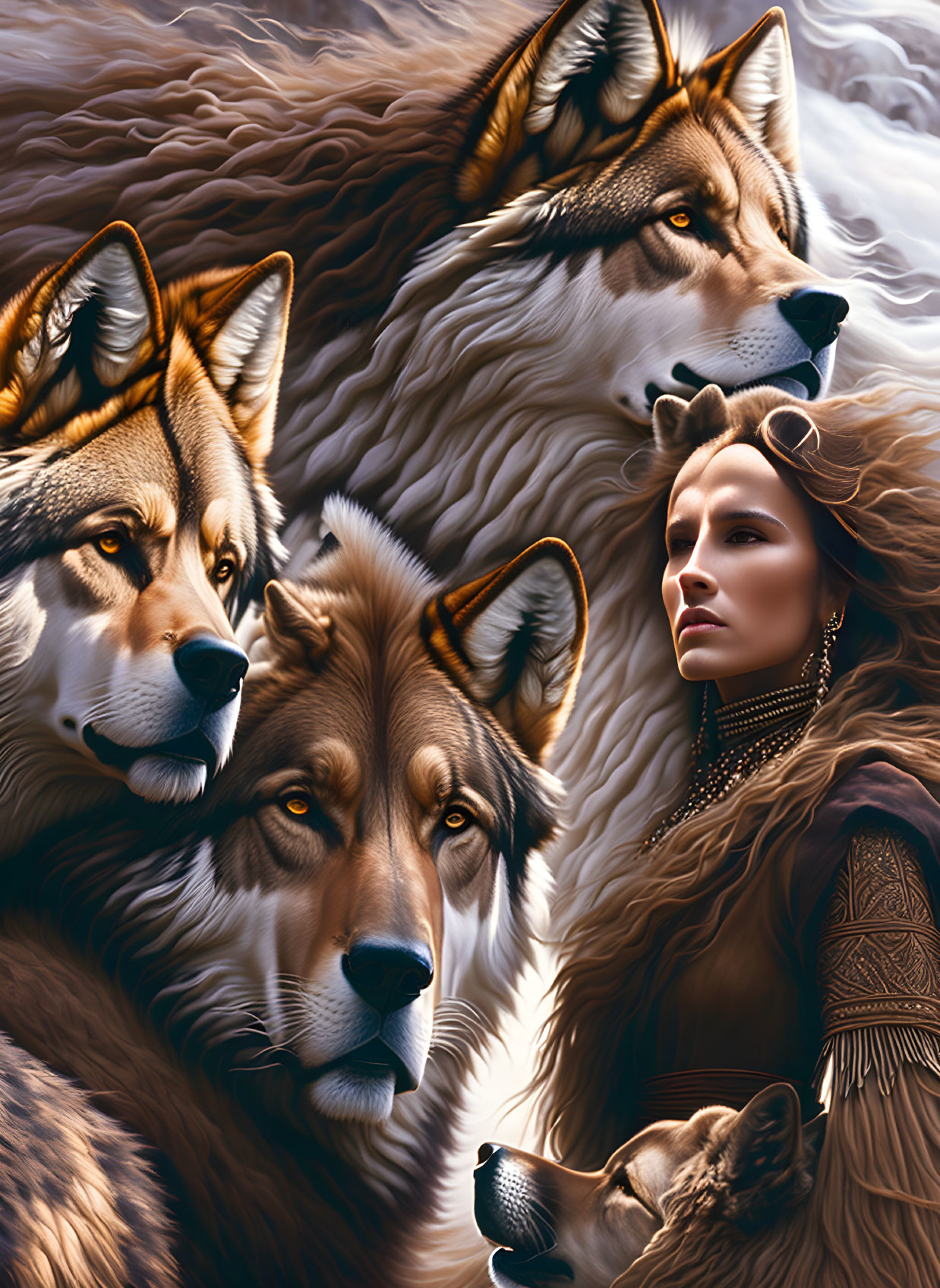 Digital painting: Woman and wolves in warm color palette