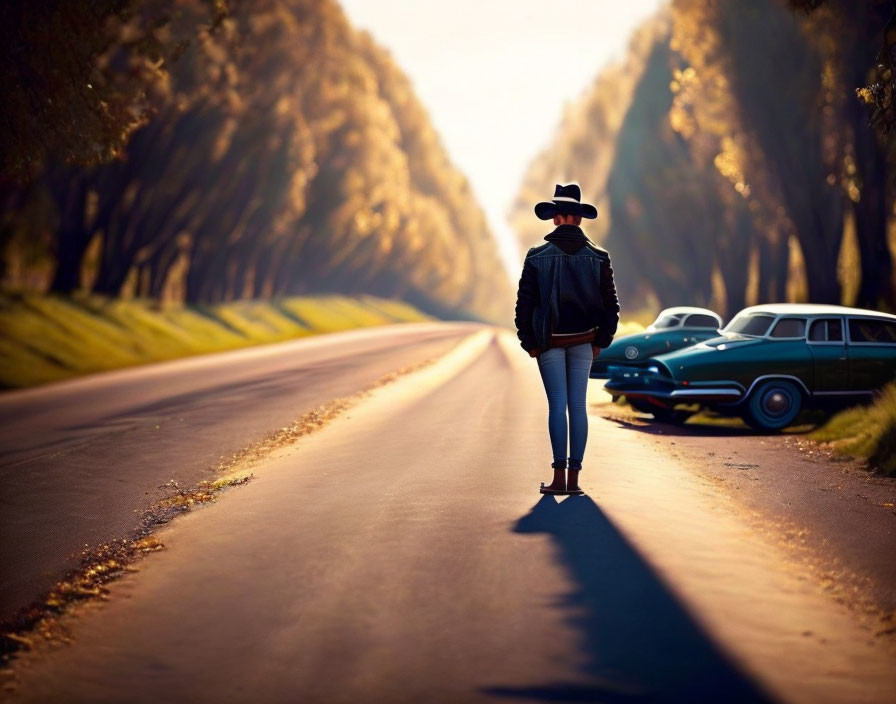 Person standing on tree-lined road at golden hour with vintage cars.